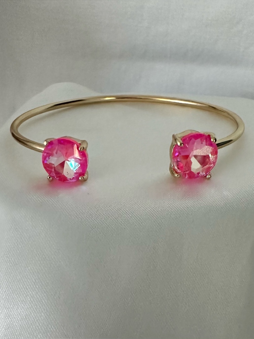 Gold Open Cuff Bracelet with Pink Crystal Ends